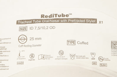 Vyaire 8075RTC RediTube Tracheal Tube Oral/Nasal Cuffed 7.5mm x 10.2 mm x 25mm